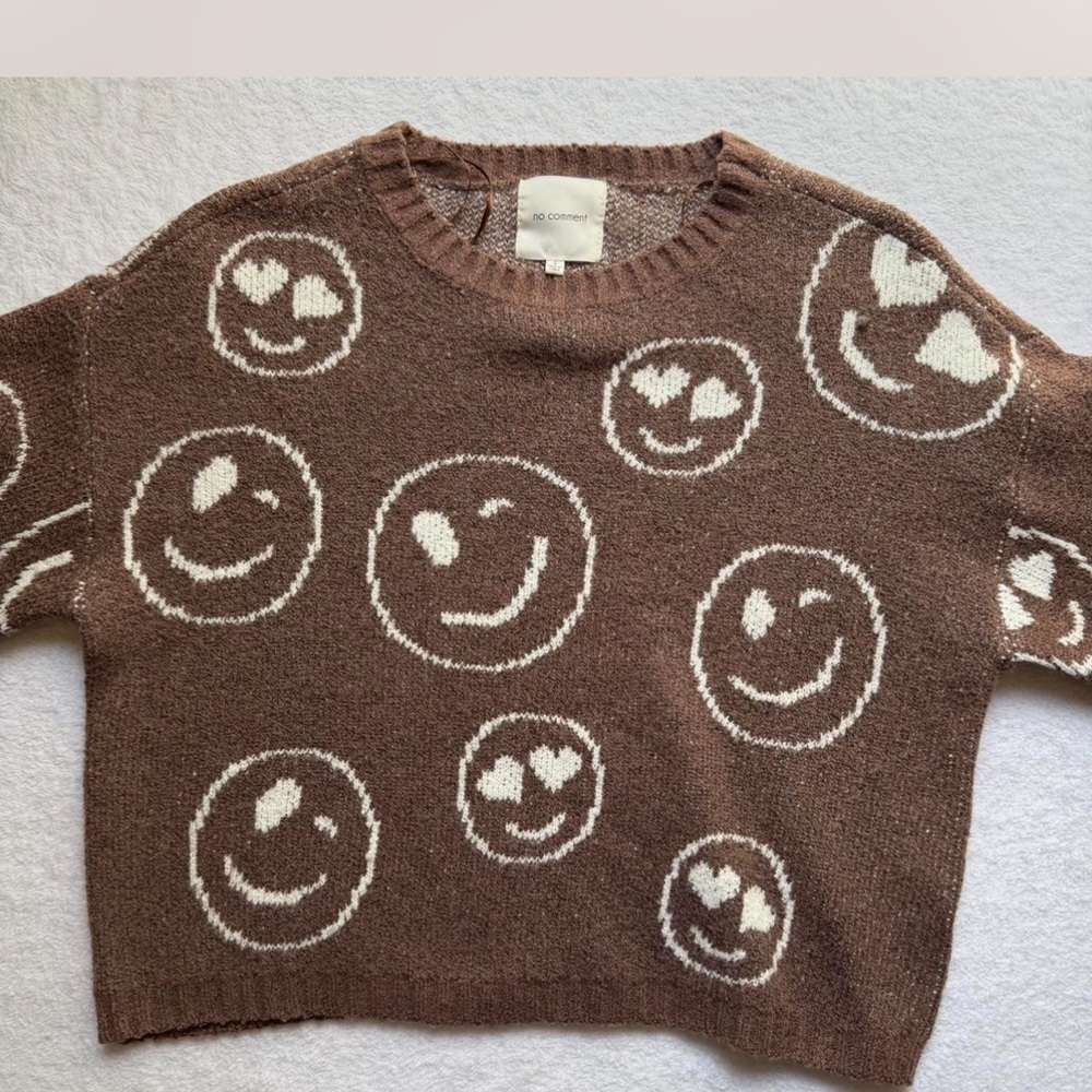 Brown Distressed Smiley Face Crop-Top Sweater - Picture 4 of 5